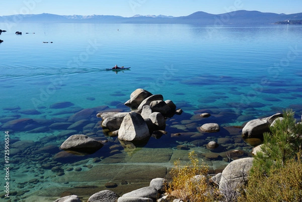 Obraz panoramic view of clear water, rocks and sand in beautiful lake Tahoe, Ca, USA, on a sunny day in Sand harbor