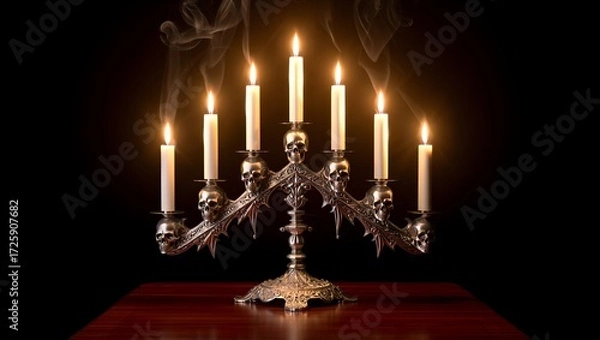 Fototapeta Gothic candlestick holder with lit dripping candles and intricate skull embellishments, dark romantic aesthetic on black background