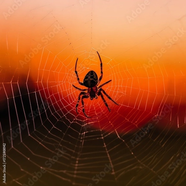 Fototapeta Spider in the center of its intricate web silhouetted against a dramatic orange sunset sky, nature scene