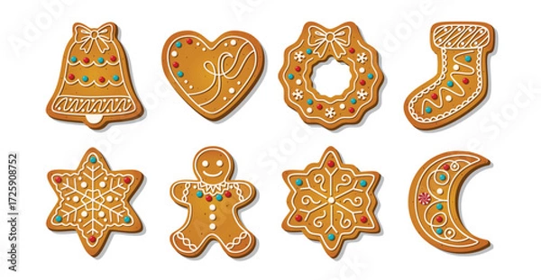 Fototapeta Christmas Gingerbread cookies for xmas celebration. Winter homemade sweets and biscuit in festive shapes isolated on white background. Cute flat desserts. Cartoon vector illustration