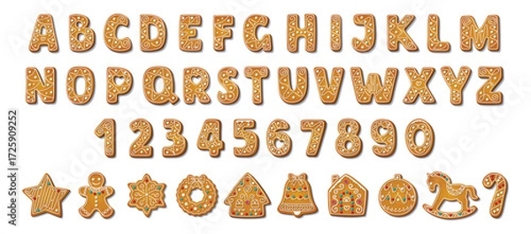 Fototapeta Gingerbread alphabet font and numbers. Winter homemade sweet cookies in festive shapes. Biscuit letters for xmas holiday message. Cute cartoon Vector illustration isolated on white background