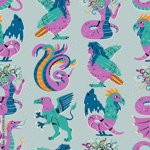 Fototapeta Mythological creatures seamless pattern. Ancient Greece, folklore. Fantasy monsters. Amphisbaena, gorgon medusa, griffin, basilisk, harpy, hydra.