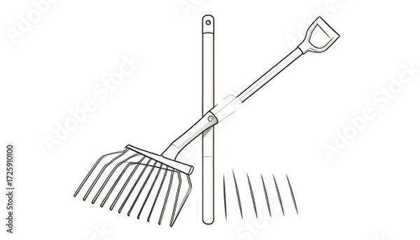 Obraz Gardening Tools Illustration: Rake and Trowel Resting Against a Post