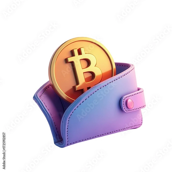 Fototapeta A golden bitcoin coin rests securely within a vibrant purple and blue leather wallet, highlighting modern digital currency storage.