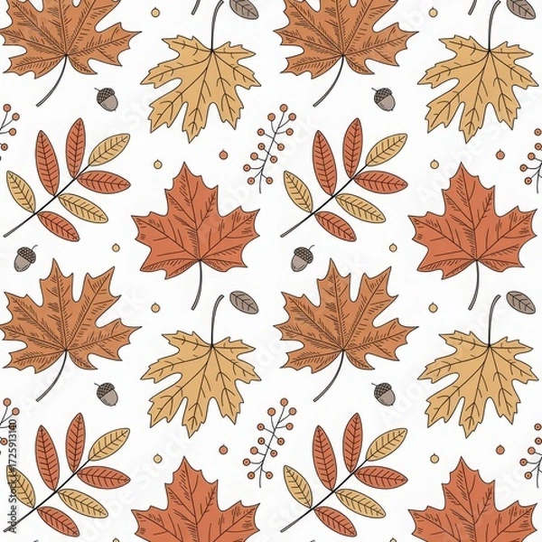 Fototapeta Seamless autumn pattern with maple leaves, compound foliage, berries, and acorns — warm seasonal colors on white background