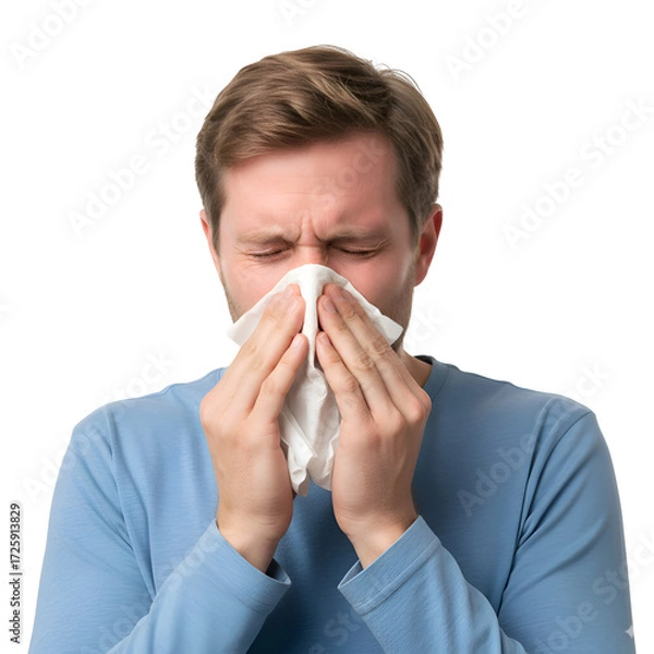 Fototapeta Man Blowing His Nose with Tissue Isolated on Transparent Background