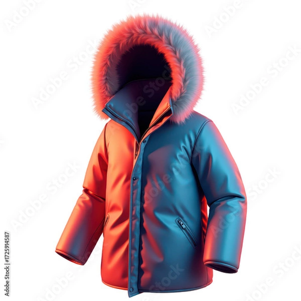 Fototapeta A stylish, modern parka, highlighted by vibrant red and blue lighting, is presented against a black backdrop.
