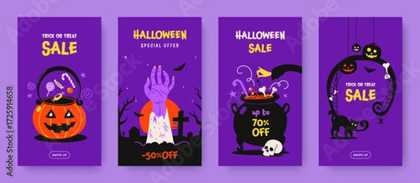 Fototapeta Set of Halloween social media stories template with funny spooky illustrations and place for text. Halloween Sale special offer banner design. Vector illustration.