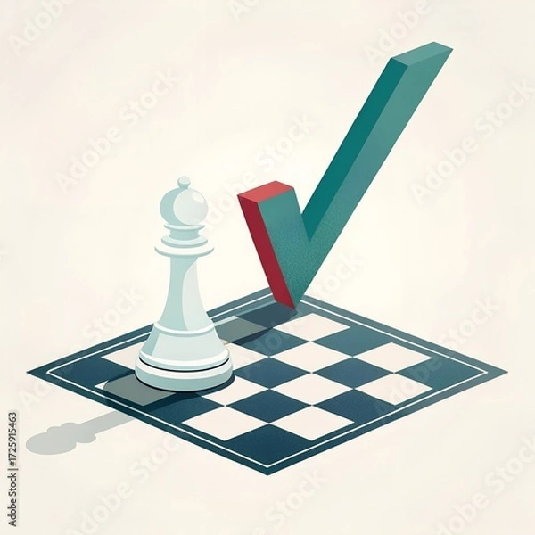 Fototapeta A chess piece, a white king, stands on a chessboard. A large green checkmark is positioned beside it, symbolizing success or achievement in strategy.