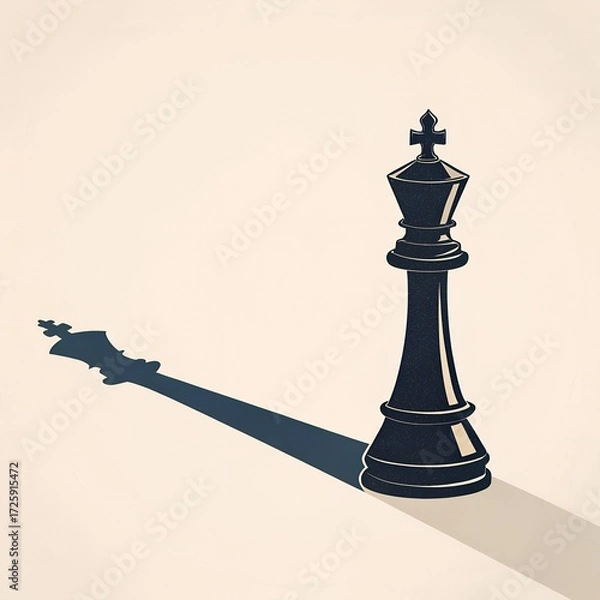 Fototapeta A black chess king piece casting a long shadow on a light background. The piece is intricately designed, showcasing its regal features.