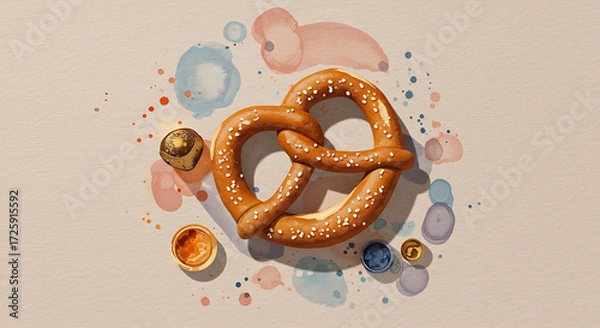 Fototapeta Pretzel with salt on colorful watercolor background and decorative elements  