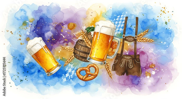 Fototapeta Abstract painting with Oktoberfest mood: Beer mugs, pretzel, and barrel on colorful watercolor background  