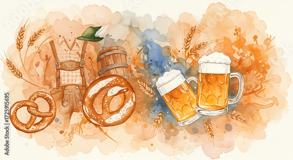 Fototapeta Abstract painting with Oktoberfest mood: Beer mugs with pretzels and wheat in watercolor style illustration  