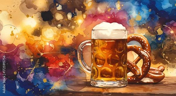 Fototapeta Oktoberfest abstract watercolor: Beer mug with foam and pretzel on wooden table with colorful background  