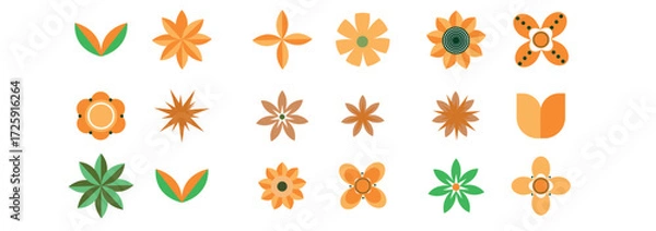 Obraz Flat vector illustration of abstract autumn flowers in geometric design with orange petals and leaves