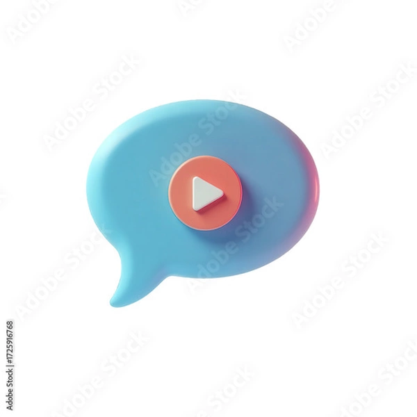 Fototapeta A stylized, 3D rendered play icon, set inside a light blue speech bubble, is presented against a solid black background.