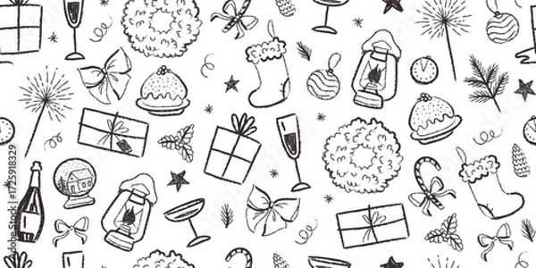 Fototapeta A Christmas retro seamless pattern. Doodle Sketch. Textured elements are crafted in a charcoal style. Wreath, glass of champagne, sparkler, clock, lollipop, pine cone, mistletoe, fir branch, lantern.
