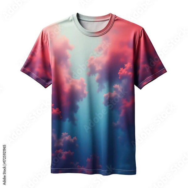Fototapeta A short-sleeved t-shirt displays a vibrant design of clouds against a gradient sky, showcasing a captivating blend of pink, purple, and blue hues.