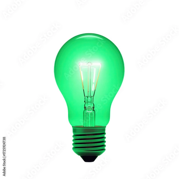 Fototapeta A vibrant green incandescent light bulb glows brightly against a stark black backdrop, highlighting its warm interior filament.