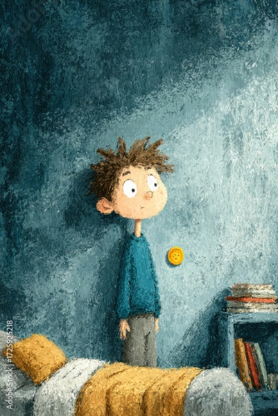 Fototapeta Young boy stands in a cozy bedroom looking surprised while morning light filters through a window