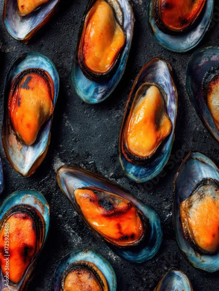 Fototapeta Freshly cooked mussels garnished with herbs in a rustic kitchen setting during the evening