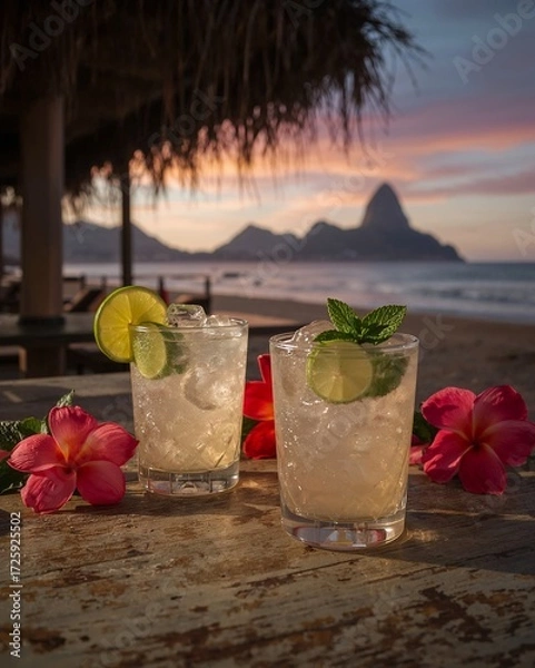 Fototapeta Mojito Cocktails on a Beach Bar Table Overlooking Sugarloaf Mountain at Sunset, Rio de Janeiro