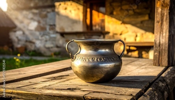 Fototapeta Metal pot on a wooden table with a stone house in the blurred background