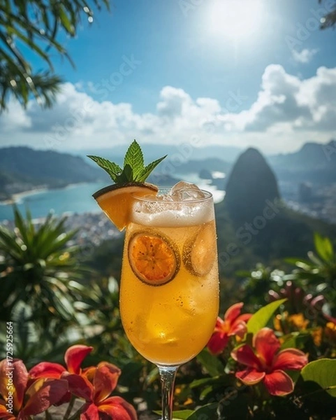 Fototapeta Aperitif with Citrus Slices and Mint, Overlooking Rio de Janeiro and Sugarloaf Mountain