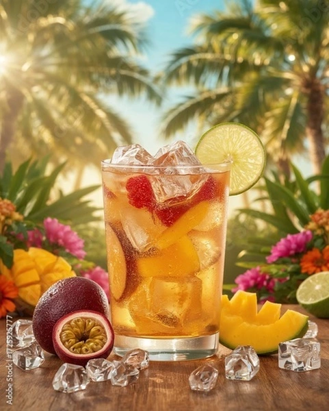 Fototapeta Tea with Fruit Chunks and Berries, Surrounded by Passion Fruit and Limes in a Lush Setting
