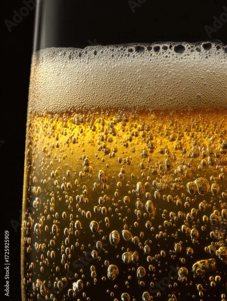 Fototapeta Sparkling golden beverage in a glass with bubbles highlighting its refreshing nature during a social gathering