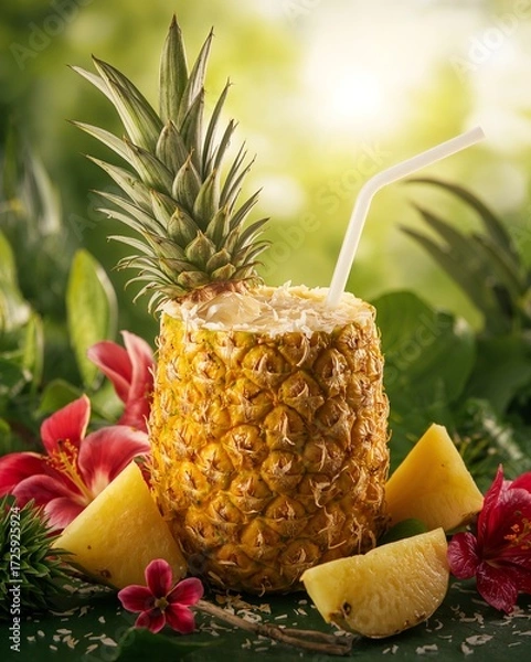 Obraz Summer Vacation Drink. Cold Pineapple Smoothie or Cocktail in Jungle/Outdoor Setting with Sunbeam