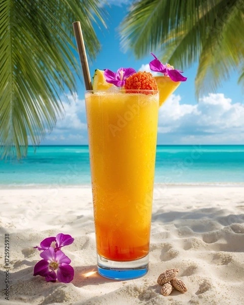 Fototapeta Summer Vacation Drink. Refreshing Orange and Red Cocktail on Sand with Palm Trees