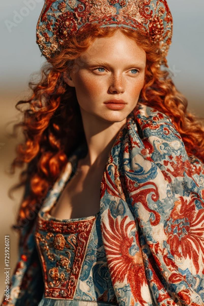 Fototapeta Model showcases intricate fashion design with rich colors and textures in a sunlit outdoor location during golden hour