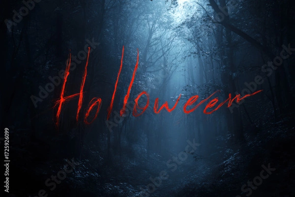Fototapeta Mysterious Halloween scene in an eerie forest with fog and dark trees at night