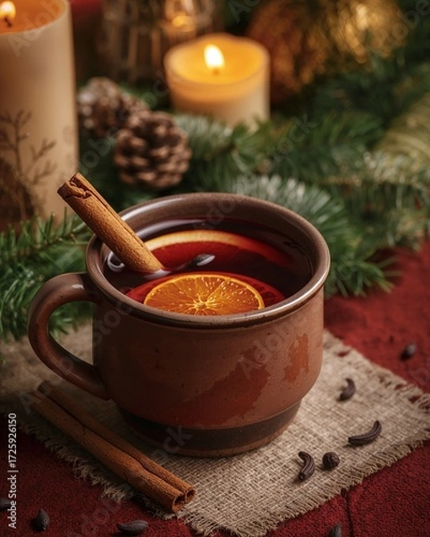 Fototapeta Warm mulled wine with orange slices and cinnamon stick – cozy winter drink