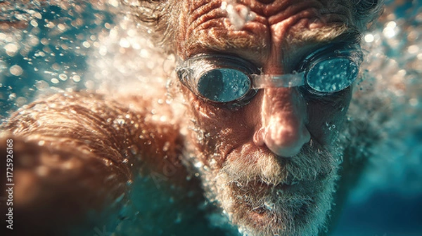 Fototapeta Senior man swimming underwater in a clear pool while wearing goggles and enjoying an active lifestyle