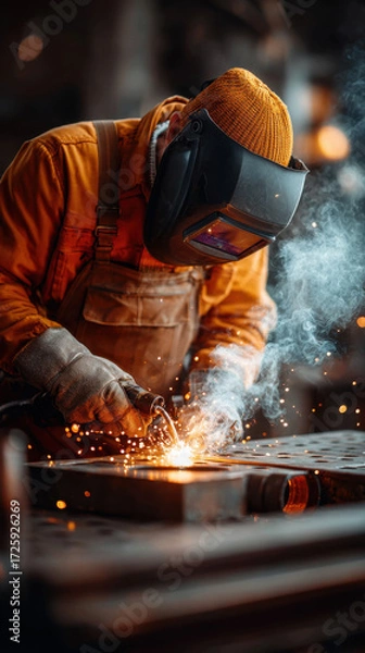 Fototapeta Skilled welder shapes metal in workshop while sparks fly and smoke rises during evening hours
