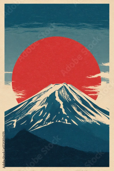 Fototapeta Iconic view of Mount Fuji at sunset with vibrant red sun backdrop and stylized clouds in the evening sky