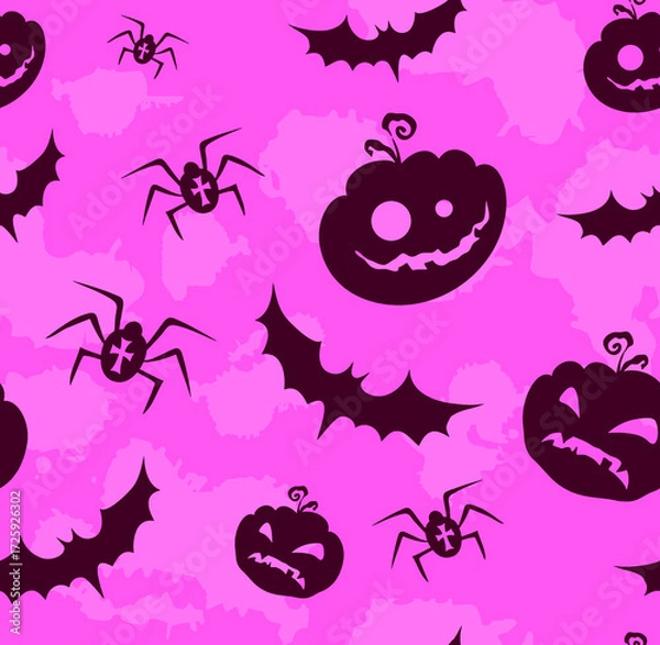 Fototapeta cute Halloween seamless pattern, abstract pumpkin texture textile with spider and bat 