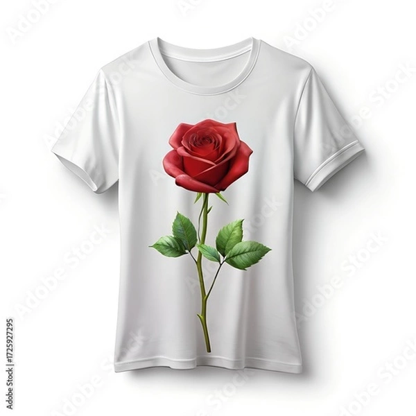 Fototapeta White tshirt with a realistic red rose graphic print, isolated on a clean white background