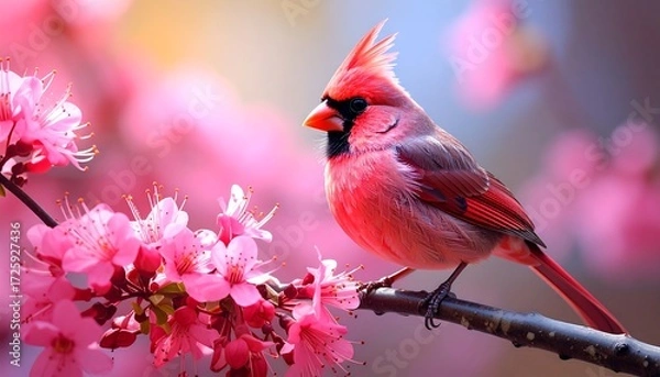 Obraz Vibrant cardinal amidst blossoming spring trees
