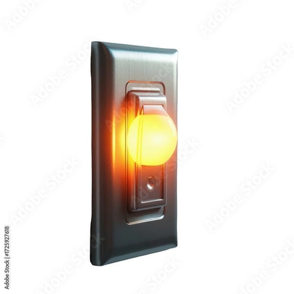 Fototapeta A metallic wall switch glows warmly with an illuminated light bulb.