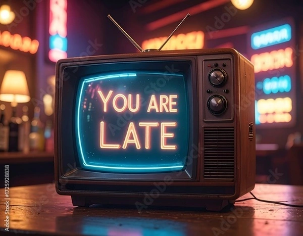 Obraz Retro TV with neon message
