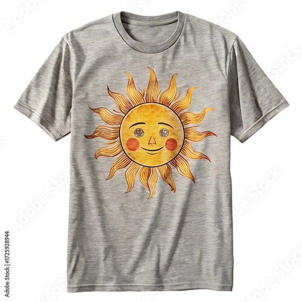 Fototapeta Graphic tshirt with a vintage sun illustration featuring a smiling face and radiating rays, front view