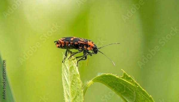Fototapeta Bright orange & black beetle perched on a green leaf tip against blurry green foliage