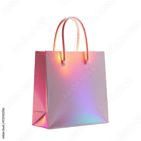 Fototapeta A vibrant, iridescent shopping bag with glowing handles, showcasing a modern and eye-catching design against a stark black background.