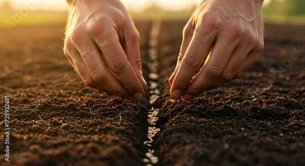 Obraz Hands sowing seeds into soil close-up shot