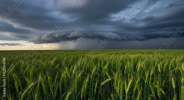 Obraz Green Barley Field Beneath Dramatic Storm Clouds