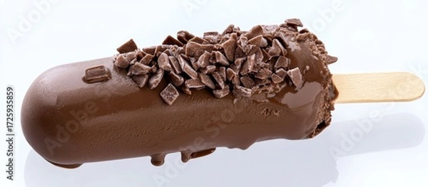 Fototapeta Indulge in pure bliss with this decadent chocolate-covered ice cream bar topped with crunchy chocolate pieces, a perfect summer treat.