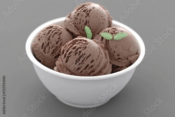 Fototapeta Indulge in creamy chocolate ice cream scoops perfectly garnished with fresh mint leaves in a clean white bowl for a delightful summer treat.